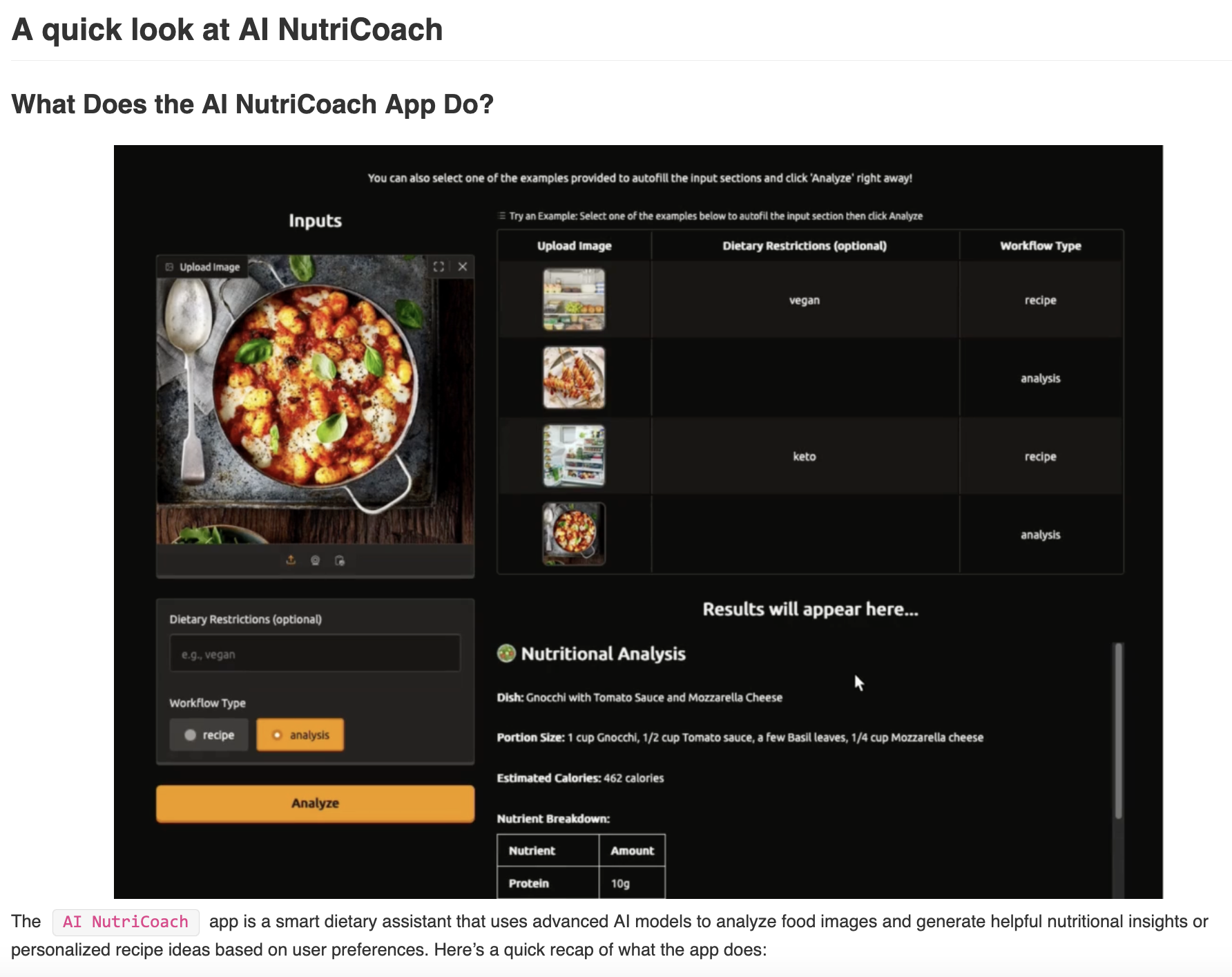 An overview of AI NutriCoach app interface displaying an image-based nutritional analysis tool. The interface includes an &#39;Upload Image&#39; section where users can upload a food image. There are options for entering dietary restrictions and selecting a workflow type (recipe or analysis). The results section provides a nutritional breakdown of the dish, including estimated calories and macronutrient content. A table on the right side lists example images, dietary restrictions, and workflow types.