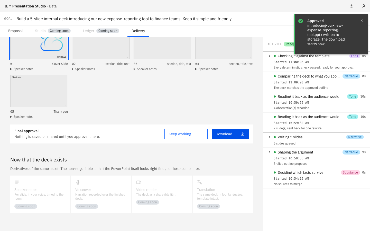 After the final approval, the deck is written to storage and the download starts