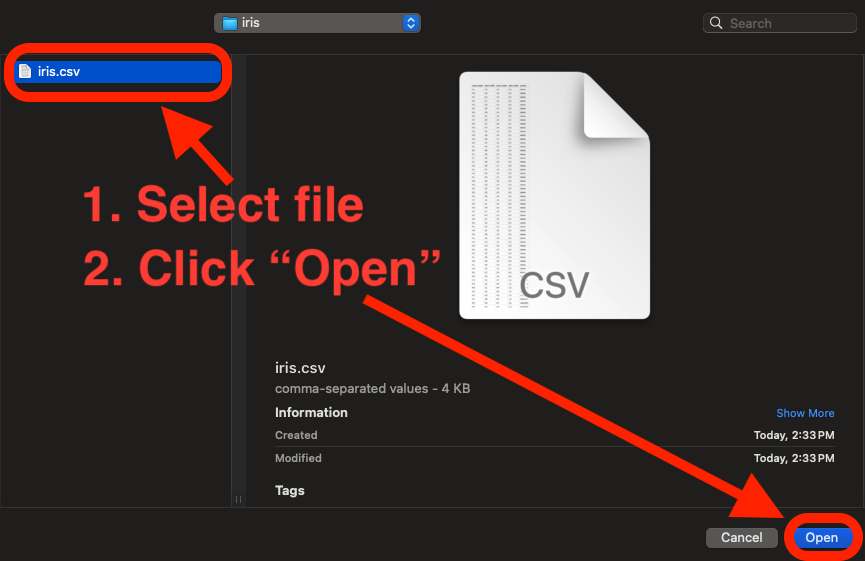 An image that indicates how to select the file and click Open to upload