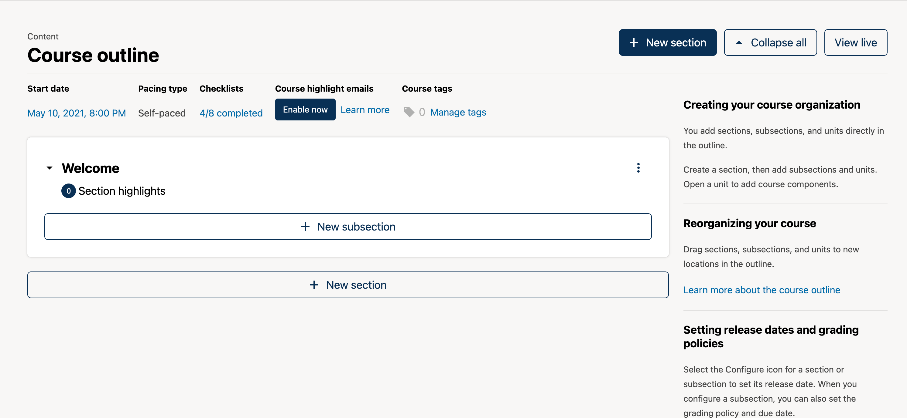 New Subsection button