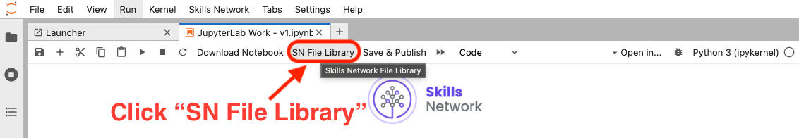 An image that shows the location of the Skills Network File Library at the top of an open JupyterLab notebook