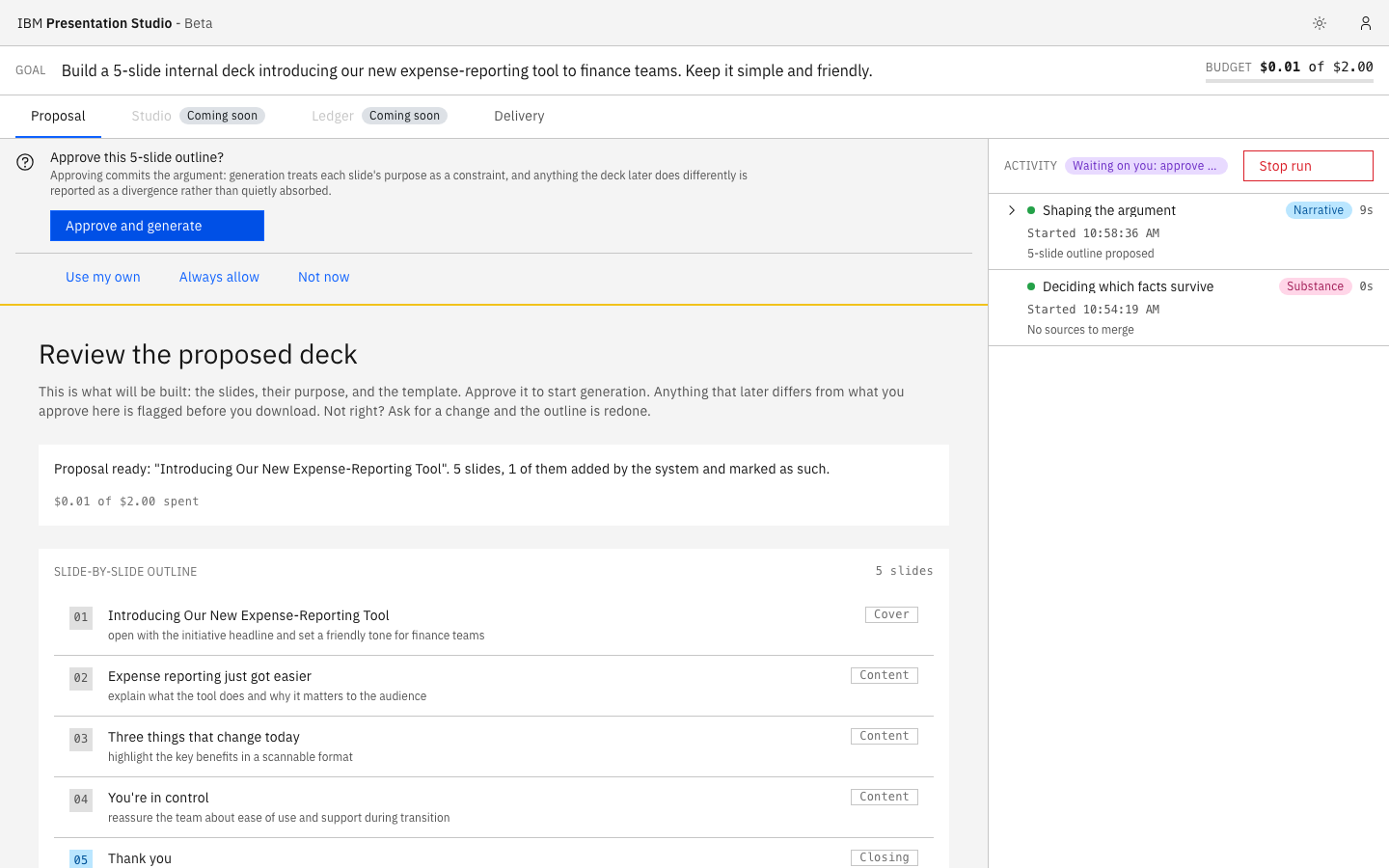 A completed proposal: the slide-by-slide outline, rendered sample slides, sources, and template