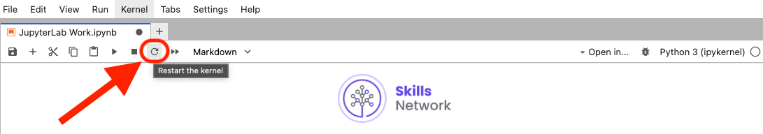 An image that shows the location of the jupyterlab restart kernel button