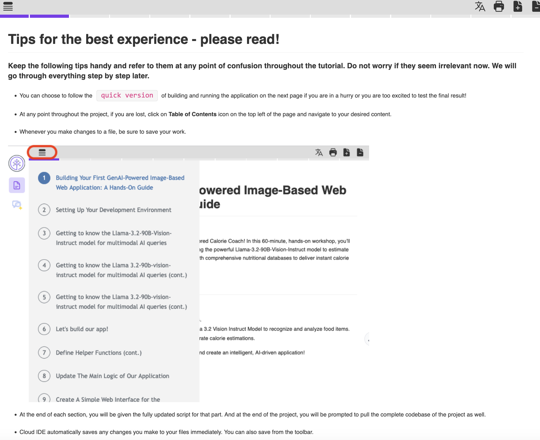 Screenshot of the &#39;Tips for the Best Experience - Please Read!&#39; page in a tutorial. The page provides guidance on following a quick version of the tutorial, using the Table of Contents for navigation, and saving work. A highlighted red box emphasizes the Table of Contents icon in the top left corner, showing a dropdown menu with a list of tutorial sections. Additional tips on saving work and retrieving updated scripts at the end of each section are also visible.